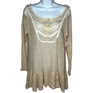 Free People Babydoll Top S Tan Linen Ivory Lace Trim Peplum Ruffle NWT
